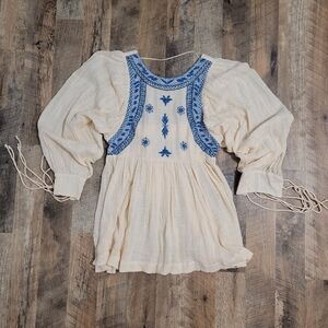 Free People Cream Muslin Blue Embroidered Tunic Mini Dress with Beaded Detail